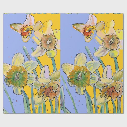 Gele Daffodil Paarse Lente Bloemen Waterverf Cadeaupapier (Vlak)