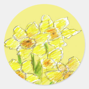 Gele Daffodil Tekening Waterverf Lente Bloemen Ronde Sticker
