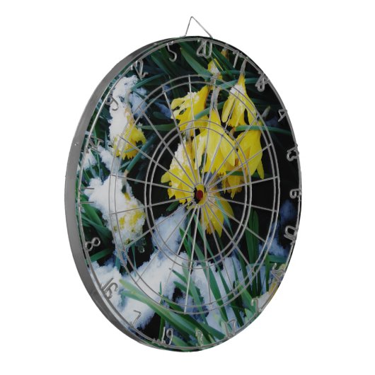 Gele Daffodils bloemen in de sneeuw Dartbord (Voorkant Links)