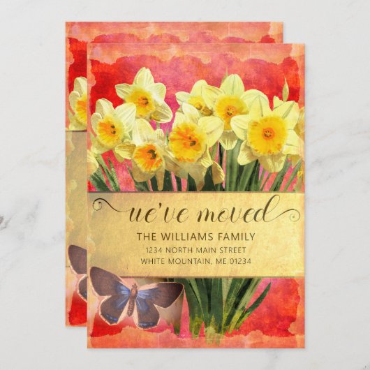 Gele Daffodils Bloemen Vlinder Koraal Bewegen Aankondiging (Voorkant / Achterkant)