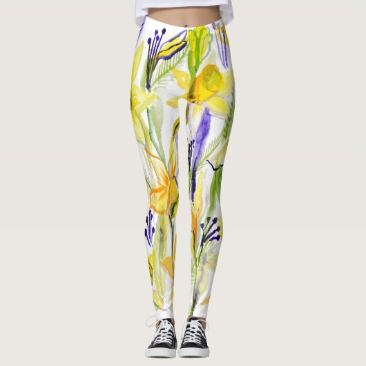 Gele Daffodils Waterverf Illustratie Leggings (Voorkant)