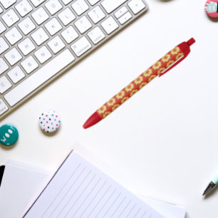 Gele Dahlia op Red Floral Pattern Zwarte Inkt Pen