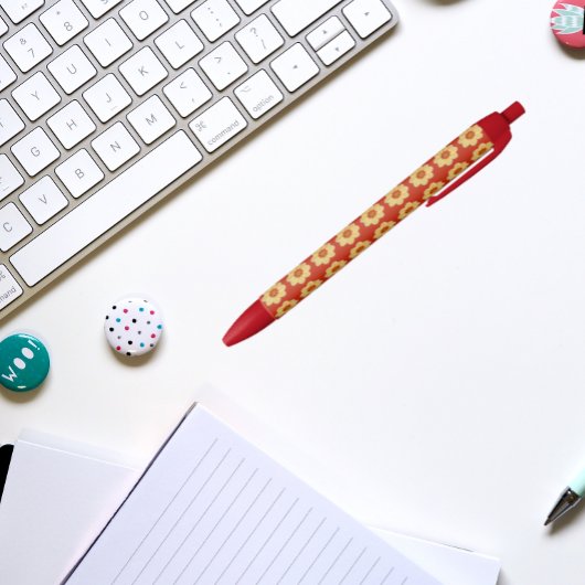 Gele Dahlia op Red Floral Pattern Zwarte Inkt Pen