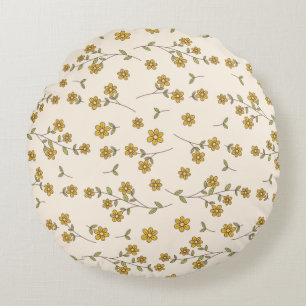 Gele Daisy Bloemmotief op Crème Rond Kussen