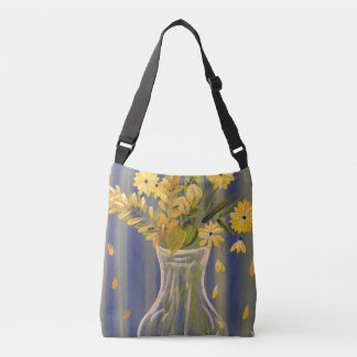 Gele daisy cross-body bag met blauwe achtergrond crossbody tas