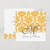 gele damask monogram bruiloft kaart (Voorkant / Achterkant)