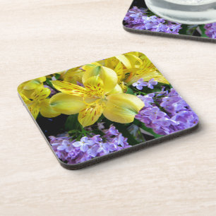 Gele Daylilies & Paarse Lila Bloemen Bier Onderzetter