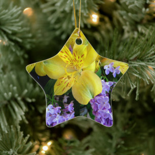 Gele Daylilies & Paarse Lila Bloemen Keramisch Ornament