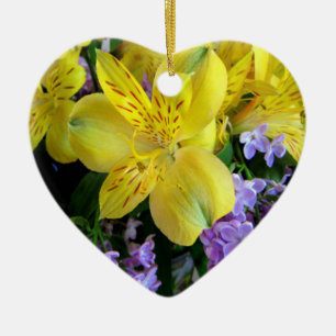 Gele Daylilies & Paarse Lila Bloemen Keramisch Ornament