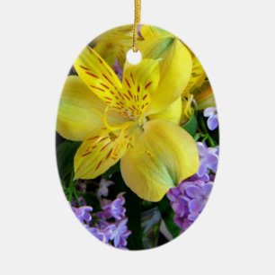 Gele Daylilies & Paarse Lila Bloemen Keramisch Ornament
