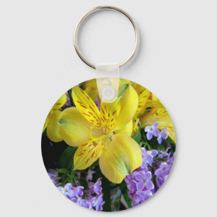 Gele Daylilies & Paarse Lila Bloemen Sleutelhanger