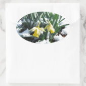 Gele deffodils in de sneeuw ovale sticker (Tas)