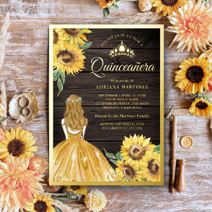 Gele dress Sunflower Barn Wood Quinceanera Gold Folie Uitnodiging