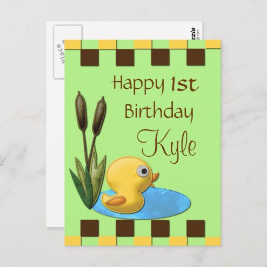 Gele Duckie, Vijver & Cattails 1e verjaardag Briefkaart (Voorkant / Achterkant)