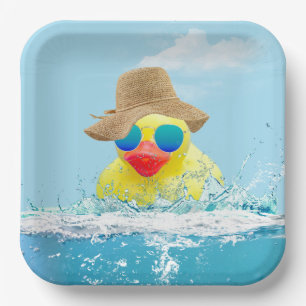 Gele eenden met zonnebril in water papieren bordje