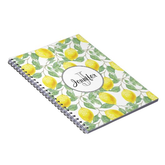 Gele emons met Groene Bladeren Patroonmonogram Notitieboek (Rechterzijde)