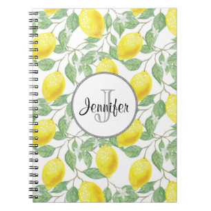 Gele emons met Groene Bladeren Patroonmonogram Notitieboek