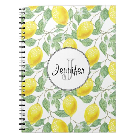Gele emons met Groene Bladeren Patroonmonogram Notitieboek (Voorkant)