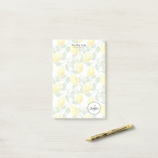 Gele emons met Groene Bladeren Patroonmonogram Post-it® Notes (Op bureau)