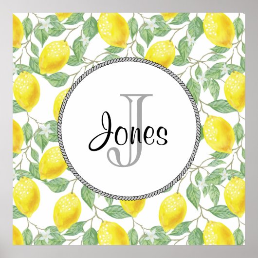 Gele emons met Groene Bladeren Patroonmonogram Poster (Voorkant)