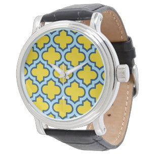 Gele en babyblauwe trellis, rooster, vierpas horloge