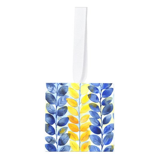 Gele en blauwe bladeren kubus ornament (Voorkant)