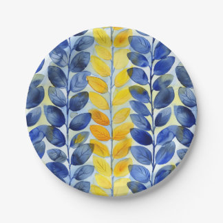 Gele en blauwe bladeren papieren bordje