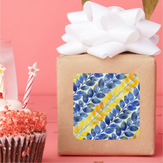 Gele en blauwe bladeren vierkante sticker