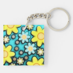 Gele en Blauwe Bloemenkracht Kunst Sleutelhanger
