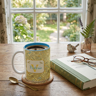Gele en blauwe bloemige paisley gepersonaliseerd tweekleurige koffiemok