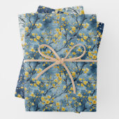 Gele en blauwe takken en bloesems inpakpapier vel (In situ)