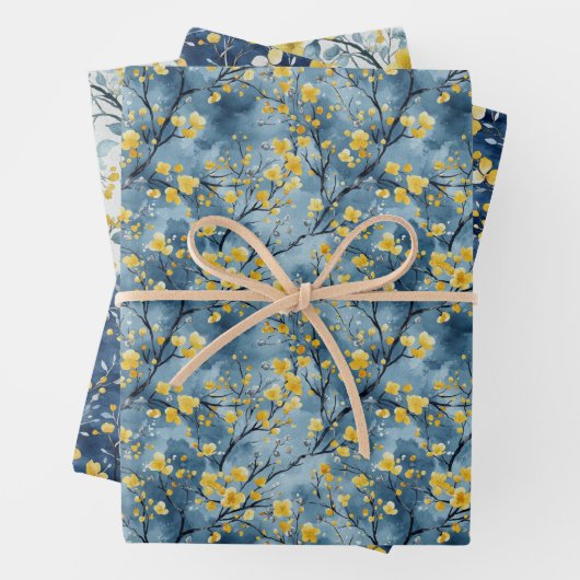 Gele en blauwe takken en bloesems inpakpapier vel (In situ)