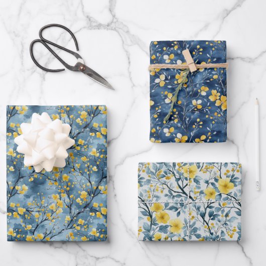Gele en blauwe takken en bloesems inpakpapier vel (Voorkant)