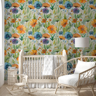 Gele en blauwe waterverf wilde bloemen behang