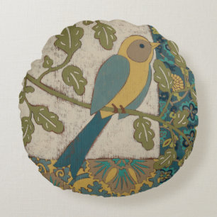 Gele en Blauwgroen Blauwe Vogel die op een Tak wor Rond Kussen