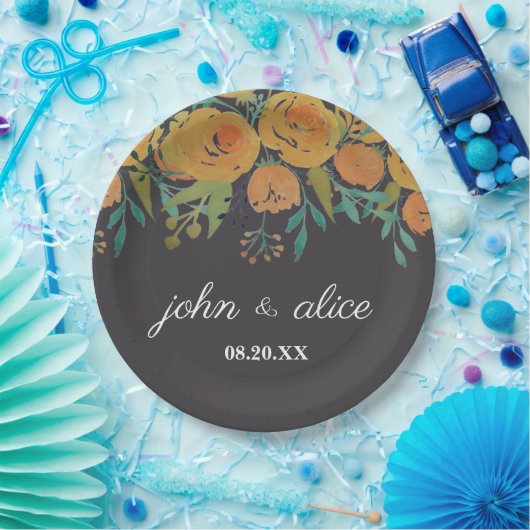 Gele en bruine volken en Rozen bruiloft Papieren Bordje (Feest)