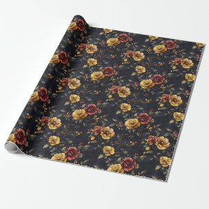 Gele en donkerroze bloemen op marineblauw cadeaupapier