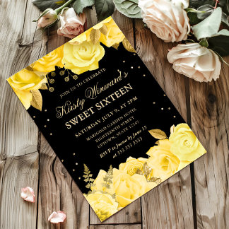 Gele en Gouden Rozen Bloemstuk Sweet 16 Kaart