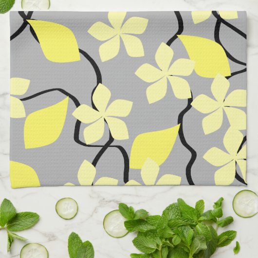 Gele en grijze bloemen. Floral Pattern. Theedoek (Gevouwen)