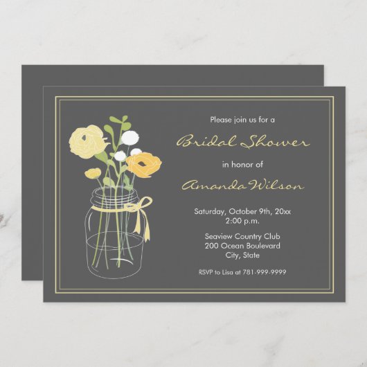 Gele en Grijze Mason Jar Bruids Douche Uitnodiging (Voorkant / Achterkant)