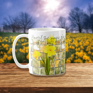 Gele en groene Daffodil Nieuwe Dag Bloemen Citaten Koffiemok
