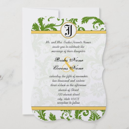 Gele en groene Damask zwemmen bruiloft uitnodiging (Voorkant)