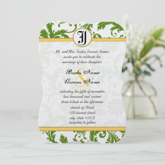 Gele en groene Damask zwemmen bruiloft uitnodiging (Staand voorkant)
