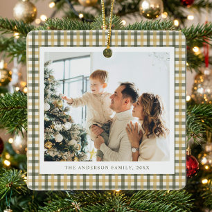 Gele en groene Gingham-foto Keramisch Ornament