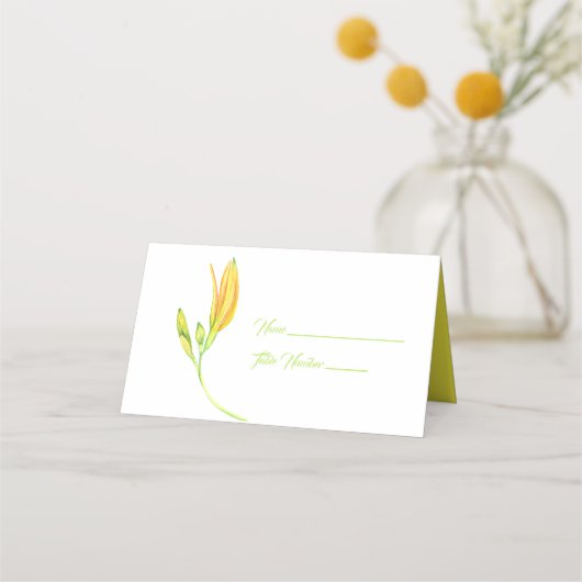 Gele en groene Lily Stem Name Place Card (Voorkant)
