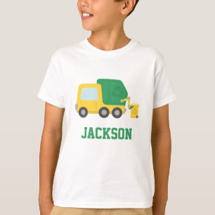 Gele en groene recycling vuilniswagen voor kindere t-shirt