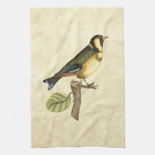 Gele en groene vogel op een kleine tak theedoek