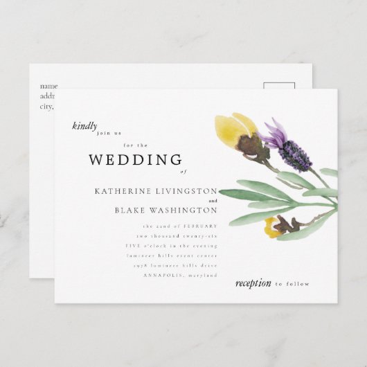 Gele en lavender Floral Budget Weddenschap Uitnodiging Briefkaart (Voorkant / Achterkant)
