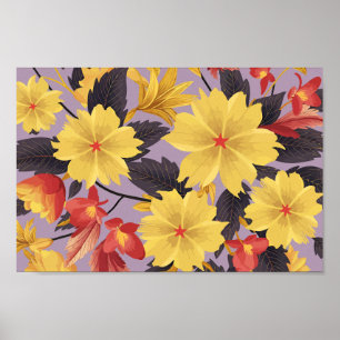 Gele en oranje bloemen op lavendel achtergrond poster