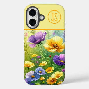 Gele en Paarse Wildflowers Monogrammed iPhone 16 Hoesje